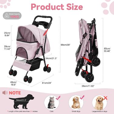Складаний візок для тварин та дітей з обертовими колесами на 360°, кошиком для зберігання, міцним металевим каркасом та дихаючими сітковими віконцями – портативний переносник для котів та собак до 22 кг (Рожевий)
