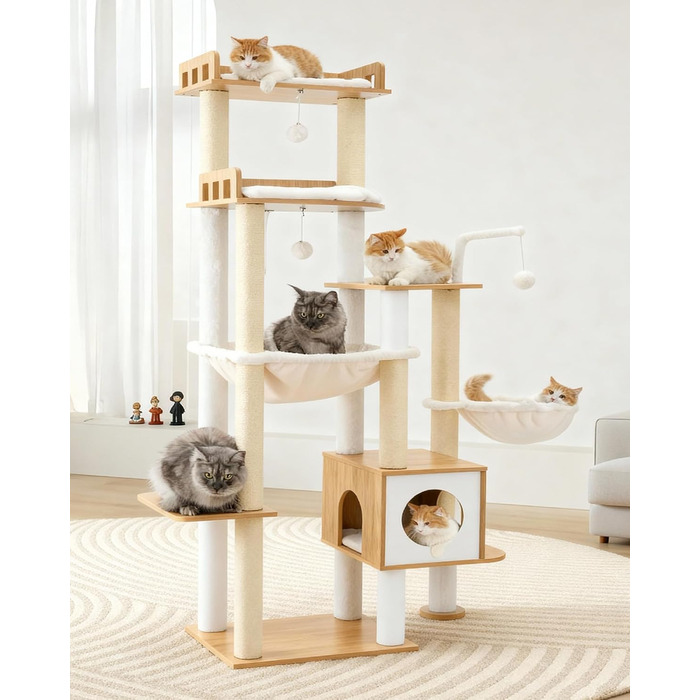 Дерев'яний котячий комплекс Heybly Kratzbaum HCT121WB: 179 см, платформа, будиночок, гамак, сизаль, стабільний, легка збірка