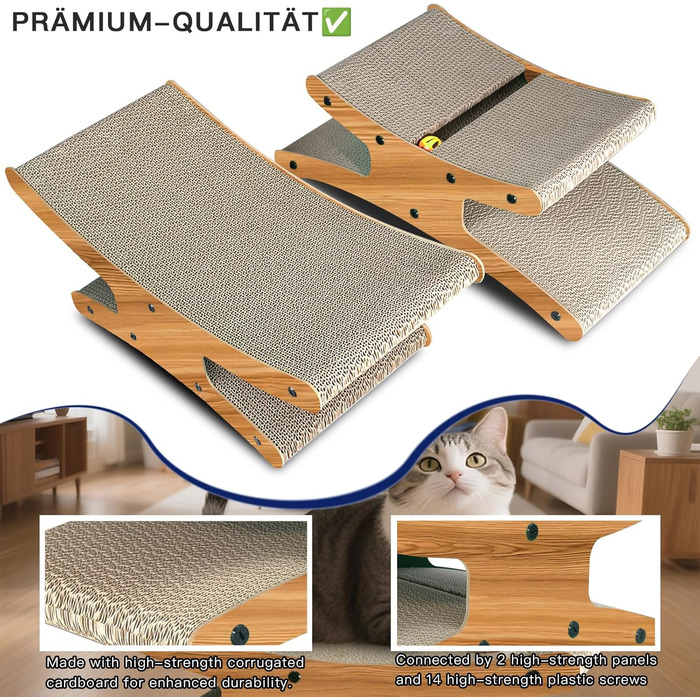 Кігтеточка для котів з будиночком - XL, двостороння картонна кігтеточка 56x26x20см - стабільне ліжко, місце для відпочинку та іграшка-м'ячик з дерева