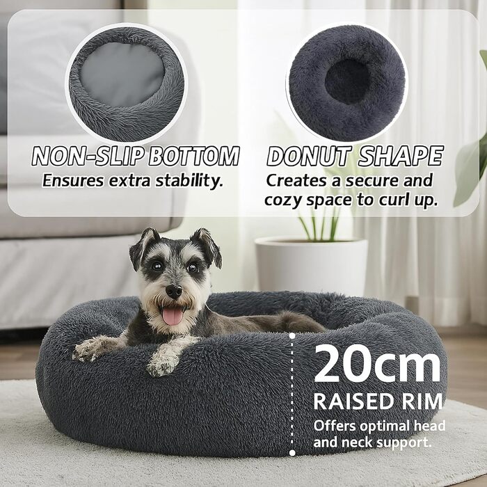 Затишне ліжко для собак у вигляді пончика, м'який плюш, кругле ліжко для котів, зручне, м'яке, можна прати, подушка, самонагріваюче ліжко для тварин з антиковзним дном, місце для сну та відпочинку (50 x 50 x 20 см, темно-сірий)