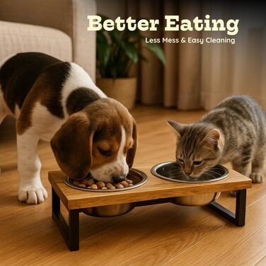 Підвищений дерев'яний стійка для собак AASPIRE PETS з 2 нержавіючими мисками – для води та корму, об'єм 0,9 л, годівниця для собак середніх порід