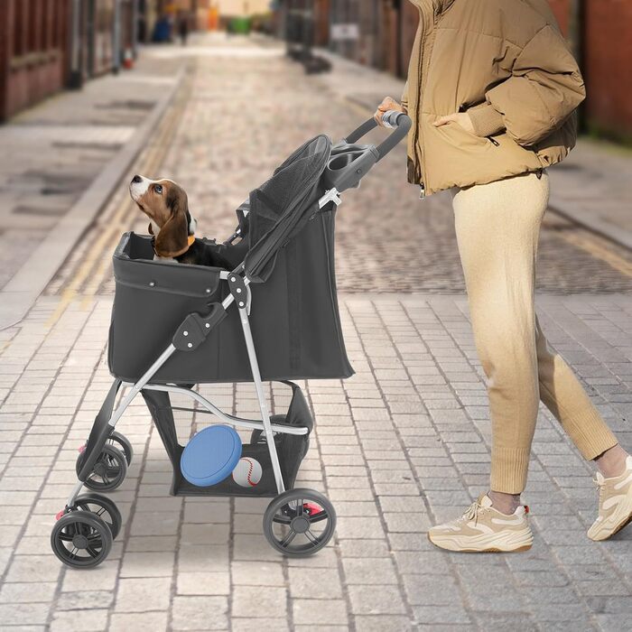 Візок для собак та котів, складний, до 15 кг. З подушкою, сітковими вікнами, дверима та кошиком для зберігання.