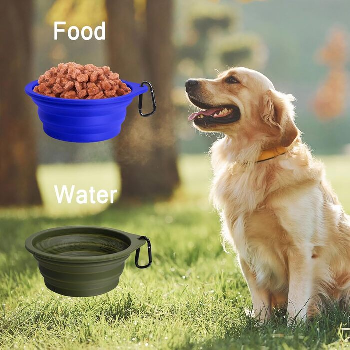 Складані годівниці для собак PetBonus, 2 шт. Силіконові миски для води для собак у подорожах, портативні, не проливаються, з карабіном для собак та котів, для води та корму (600 мл, Армійний зелений, Синій)