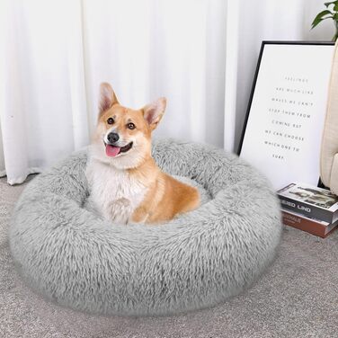 Заспокійливе ліжко для собак знімний чохол, миється, ліжко-пончик проти тривоги, м'яке, кругле, затишне, плюшеве, тепле, 60 см, світло-сірий, зовнішній діаметр 60 см (M), чорний