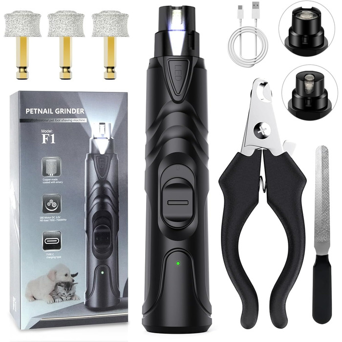 Шліфувальник для собак ETENTOUS: професійний, тихий, з 3 насадками та ножицями для догляду за кігтями. Підходить для собак великих, середніх та малих порід. Чорний колір.