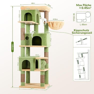Драбина-будинок для котів Globlazer з кутовою конструкцією, 168 см, 3 будиночки, велика платформа, 5 сизалевих стовпчиків, кошик, іграшки, для 3-4 котів (зелений)