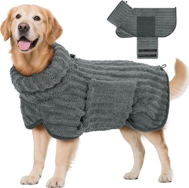 Рушник для собак з мікрофібри, швидковисихаючий, з кріпленням на липучці та регульованою гумкою, можна прати в машині, підходить для великих, середніх та малих собак, сірий (XXL)