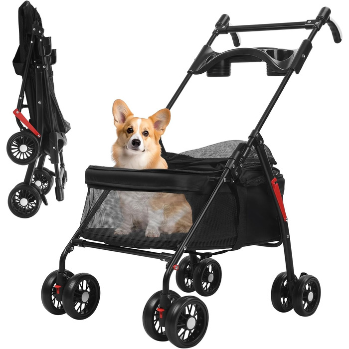 Транспортувальна візок для собак, легкий та складаний, з регульованим козирком, анти-вислизання, гальма та багажник (до 10 кг), чорний