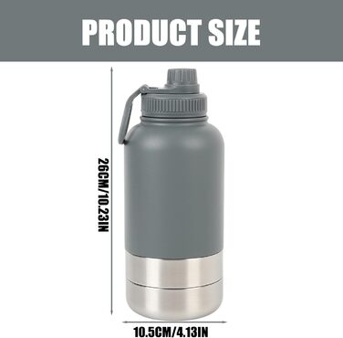 Турбунок для собак на ходу 950 мл – ізольована сталева фляга для води з мискою для їжі та води, портативна фляга для собак без BPA для подорожей, прогулянок та активного відпочинку (Сірий, L)