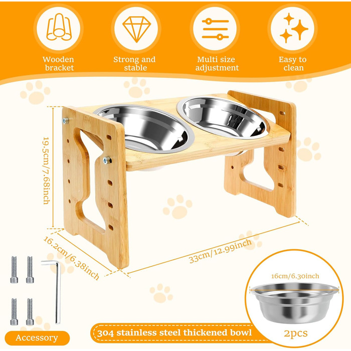 Підвищений годівниця для собак, регульований підставник для мисок, антиковзний, 5 рівнів висоти, 2 миски з нержавіючої сталі