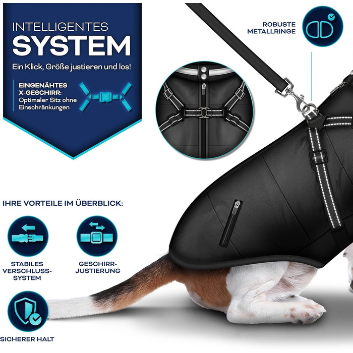 Зимовий одяг для собак TRESKO® з відбивачами, 15 шт. пакетів для екскрементів + диспенсер | Дощовик для собак, водонепроникний | Жилет для собак з отвором для шлейки | Утеплений зимовий жилет для собак (S, Чорний)