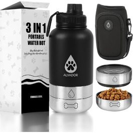 Водяна пляшка для собак на 1000 мл з нержавіючої сталі, 4-в-1, з місткою та мискою для корму, витокозахисна, без BPA, аксесуар для прогулянок та походів (чорна)