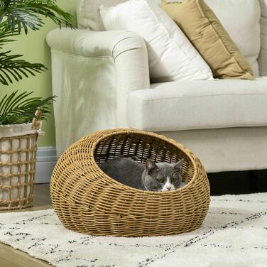 Будиночок для котів PawHut з ротангу з подушкою, котяче ліжко-купол для котів до 4 кг, Ø50×31 см, світло-коричневий, для дому