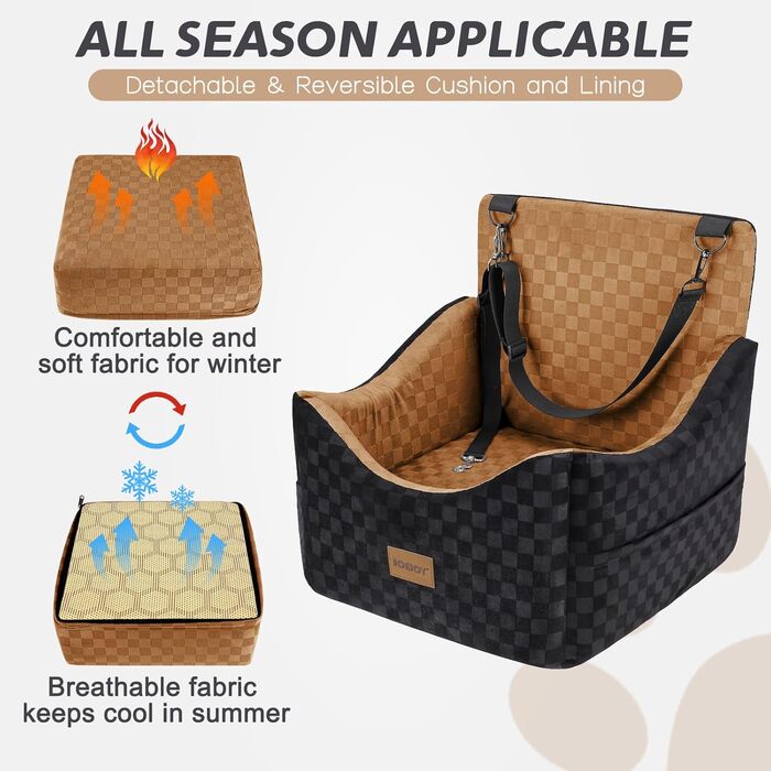 Підвищення для собак JOEJOY - комфортне автокрісло для маленьких та середніх собак до 15,9 кг, з memory foam, знімний, пральний чохол, переносна, безпечна подорож, колір коричневий