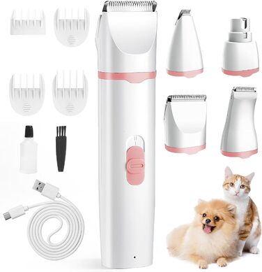 Airminti 4в1 Тиха машинка для стрижки шерсті котів, USB-зарядка, 4 знімні насадки, машинка для собак, для догляду за очима/вухами/лапами/нігтями (Рожева)
