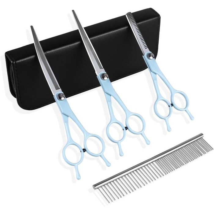 Набір професійних ножиць для грумінгу собак та котів 5-в-1, нержавіюча сталь, з гребінцем для догляду за шерстю, блакитний