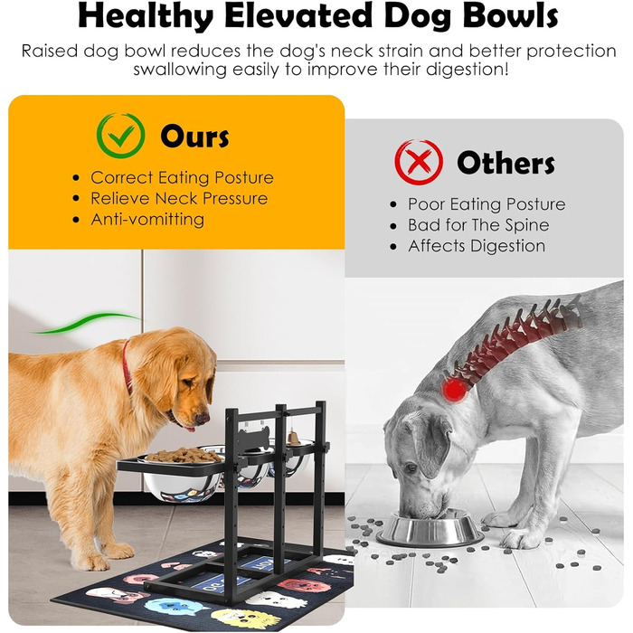 Підвищені годівниці для собак з повільним годуванням, 5 регульованих висот, неслизький, міцний металевий каркас, непромокальний килимок, стійкі до іржі миски, легко миються, висота: 42 см
