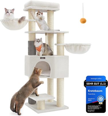 Драбина для котів Feandrea з підігріваючими ковдрами, для великих котів, кігтеточка, 2 щітки, товщина стовпів 11,1 см, великі платформи, будиночок, 50 x 50 x 160 см, пісочно-бежевий PCT003Y01