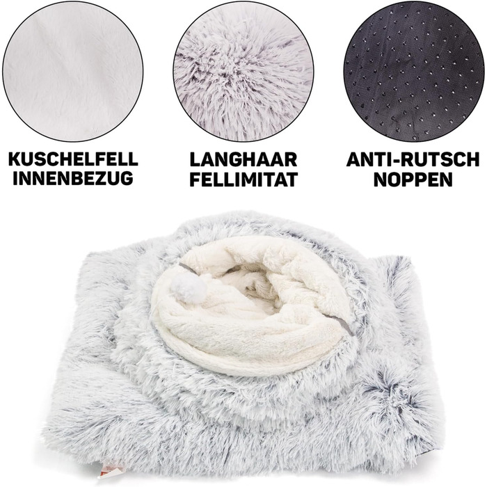 Канадський кіт | Преміум тунель для котів CUBI, XXL тунель з місцем для сну, з м'яким лежаком, для великих котів, 100 x 80 x 26 см (Сірий)