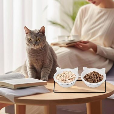 Набір з 2 керамічних мисок для котів, нахил 15°, протиковзкий, для води, вологого та сухого корму, ласощів, ідеально для котів та маленьких собак