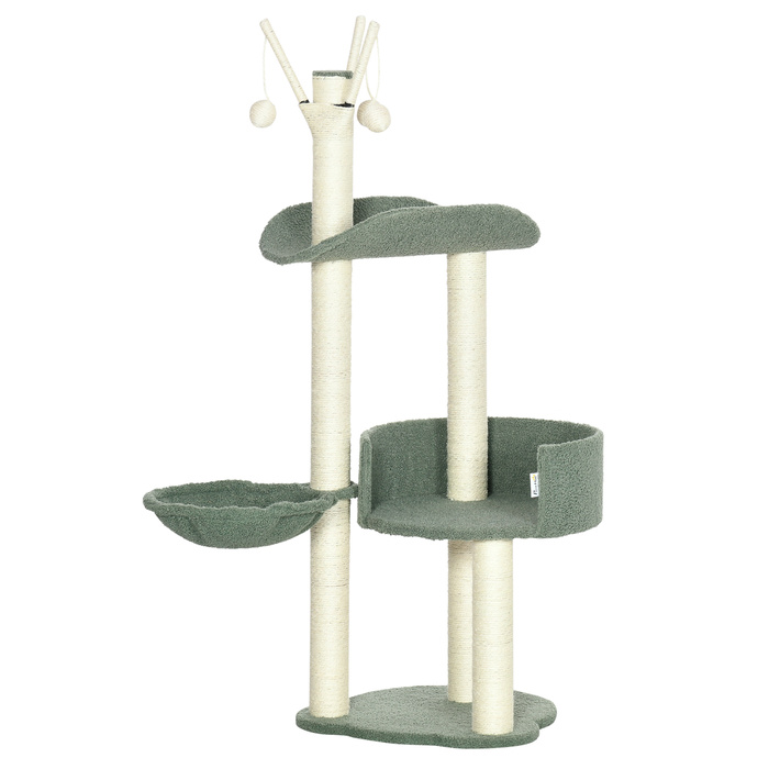 PawHut Cat Tree 123H см Лазильне дерево з кошиком і м'ячем, сизалева колона, ДСП, зелений + кремовий білий| Аосом