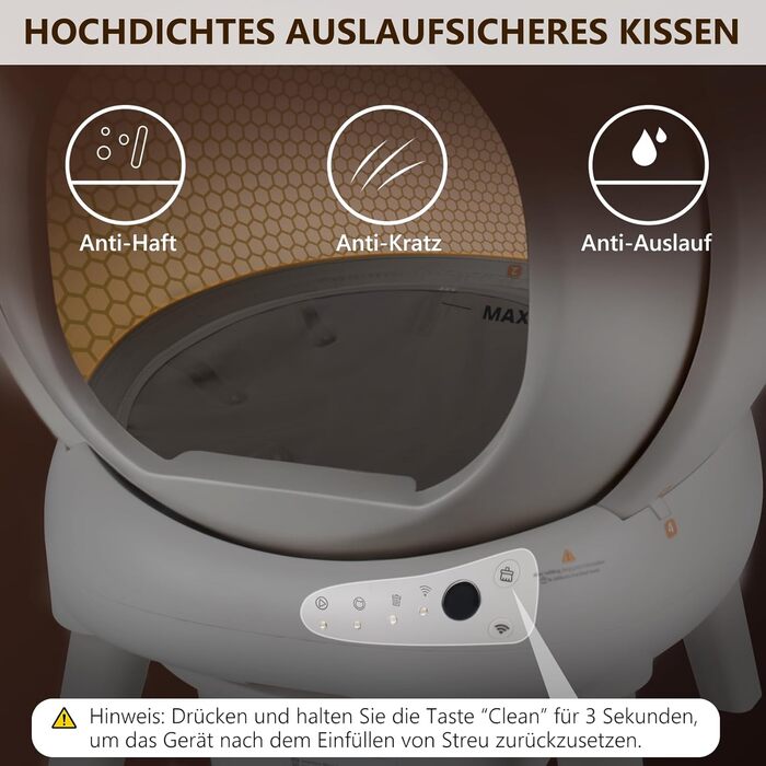 Автоматичний лоток для котів Katzenklo Selbstreinigend 73L з додатком, датчиками безпеки, захистом від запаху та моніторингом здоров'я. Підходить для кількох котів. Коврик для котячого туалету в комплекті. Колір: сірий.