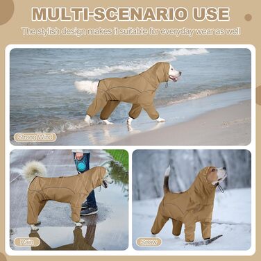 Дощовик для собак, водонепроникна куртка з капюшоном, регульовані 4 лапи, пончо для тварин з отвором для повідка, світловідбиваючі смуги, капюшон, снігостійкий, вітронепроникний, одяг L, Хакі-зелений