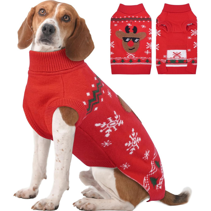 Пуловер для собак на Різдво, м'який та теплий, з відкидним коміром, для собак середнього розміру, в'язаний пуловер для осені та зими, для Французького бульдога, M (5-7 кг), червоний