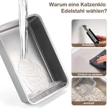 Набір для котів з нержавіючої сталі з кришкою, 110° Flip-Cover Design XXL, закритий лоток для котів, 38л, з лопаткою та педальним механізмом, високий борт, захист від протікання, легке очищення, 61х42х39 см