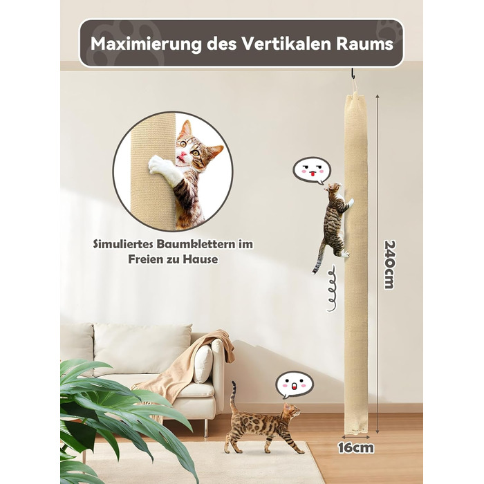 Кліматизатор для котів BSWAY 16x16x240 см, котяче канатне дерево, мішок з сизалю, котячий кліматизатор з гачками та наповнювачем