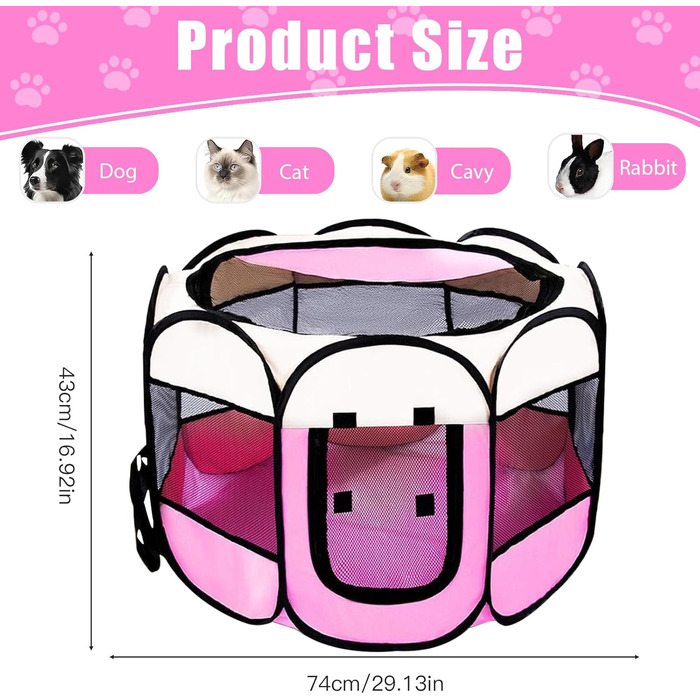 Складана переносна вольєр для цуценят та собак, 74x74x43 см, рожевий, 8 м. Водонепроникний вольєр для собак, котів та кроликів