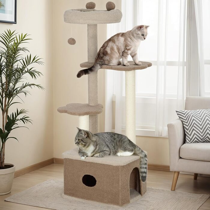 Кігтеточка PawHut для котів, 133 см: багатоярусна з платформами, кулькою та стійкою з джуту, коричнева