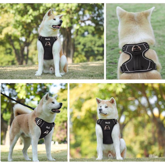 Шлейка для собак великих порід, анти-тяга, з 2 карабінами та зручною ручкою, регульована та світловідбиваюча, з м'якою підкладкою, для щоденних тренувань (Чорний, L)