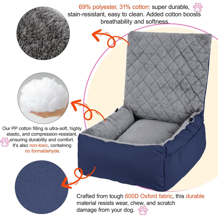 Автомобільний лежак для собак маленьких та середніх порід – м'який плюшевий лежак з кишенею для зберігання, стійкий до подряпин, для заднього та переднього сидіння, з ременем безпеки, блакитний, колір 03