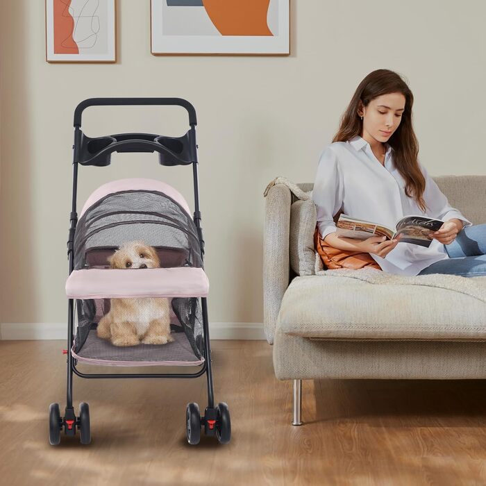 Складаний візок для собак, вантажопідйомність 18 кг, для маленьких собак та котів (рожево-сірий)