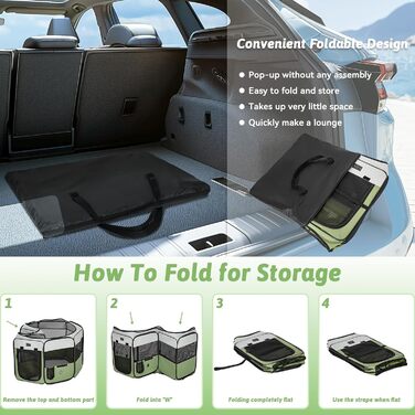 PETSFIT Розкладний вольєр для цуценят та дрібних тварин, вольєр для собак та котів, з водонепроникним дном, Pop-up система, захист від гризучих, 92 x 84 x 53 см (Сірий/Зелений)