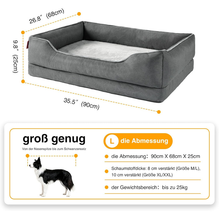 Ортопедичне собаче ліжко Zedelmaier для середніх та великих собак, 90x68x25 см, стійке до подряпин, з товстим матрацом, зручне, знімний чохол, темно-сірий колір