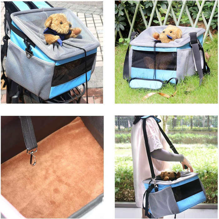 Корзина для собак на велосипед, блакитна, з 4 сітчастими вікнами, для цуценят та маленьких тварин до 7 кг, 29*27*37 см