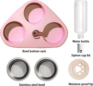 Миска для кота з нержавіючої сталі 3 в 1 з автоматичним дозатором води, подвійна миска для котів та собак (рожева)