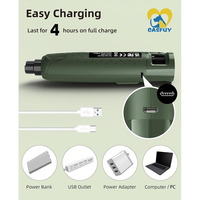 Електричний точило для кігтів собак Casfuy (45 dB) з 6 режимами та LED-підсвіткою для собак та котів, армійний колір