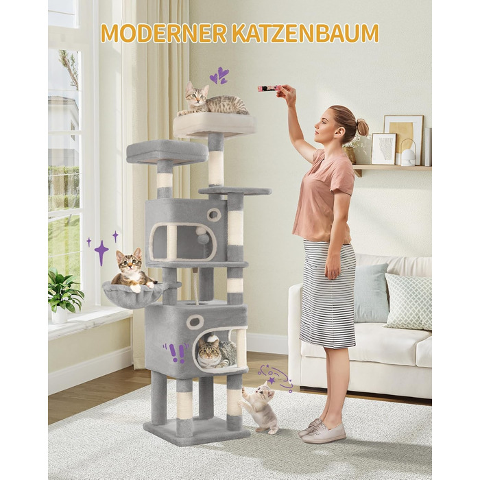 Драбина-кіготь Hzuaneri для котів, 159 см, 8 стовпчиків, 3 платформи, 2 хованки, кошик, плюшеві кульки, мотузка з сизалю, підходить для котів різних розмірів, сірий MS15918LG L (50 x 40 x 159 см)
