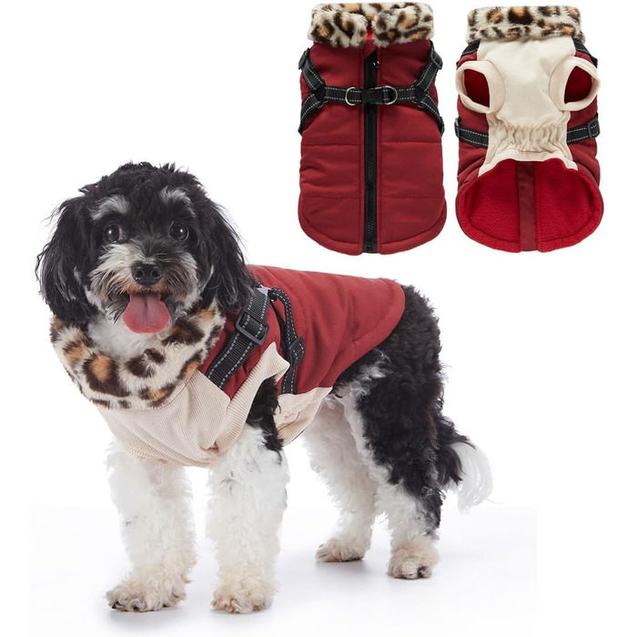 Зимова куртка для собак з інтегрованим нашийником, водо- та вітронепроникна, теплий одяг для цуценят та собак малих та середніх порід для активного відпочинку на відкритому повітрі (червона, S)