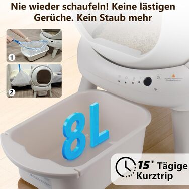 Автоматичний лоток для котів Katzenklo Selbstreinigend 73L з додатком, датчиками безпеки, захистом від запаху та моніторингом здоров'я. Підходить для кількох котів. Коврик для котячого туалету в комплекті. Колір: сірий.