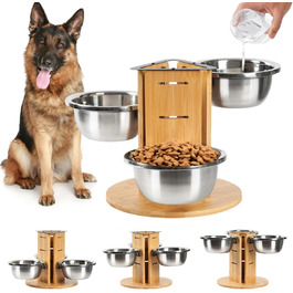 Підвищений годівниця для великих собак, регульована висота, 3 миски з нержавіючої сталі 1400 мл, годівниця-станція на 3 сторони, підставка для собак з дерева та срібла
