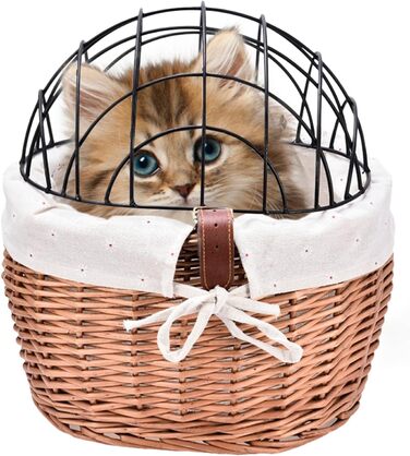 Кошик для кота на велосипед: кошик 30x25x30 см, з металевим плетінням, знімний тримач для тварини, плетіння з лози, кріплення на кермо | Транспортування собак та котів