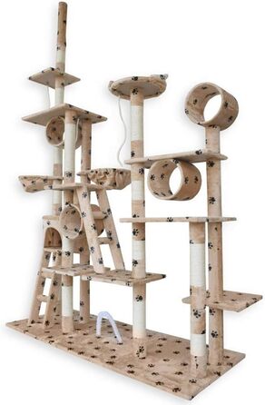 Кігтеточка BITUXX® для котів з будиночком та ігровим майданчиком, регульована висота 230-250 см (Бежевий / Лапка)