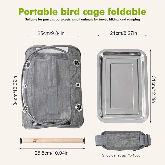 Транспортна сумка для птахів Vogel з ручкою та металевим підносом, переносна клітка, сумка для подорожей з папугами, рюкзак для птахів з дерев'яною ручкою, переносна сумка для маленьких тварин, переносна клітка для птахів (Сірий)