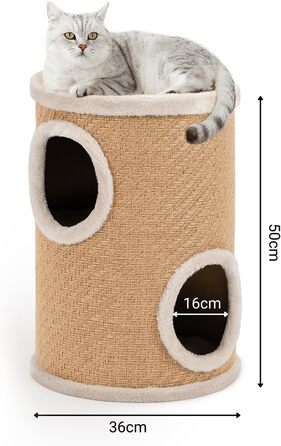 Котячий кігтетоп Lionto з сизалю з іграшковим м'ячиком та плюшевим обідком, висота 50 см. Стабільний кігтетоп для кошенят та дорослих котів, ідеальний догляд за кігтями та розваги, багато місць для ховання, діаметр 36 см, висота 50 см (джут).