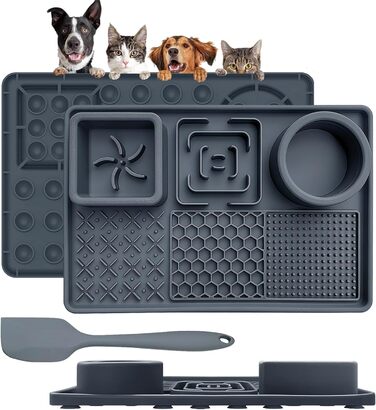 Шлека для собак Cooltto з лопаткою та нержавіючою чашею, силіконова підкладка з присосками для догляду за шерстю, купання та обрізки кігтів. Модель C & B (темно-сірий)