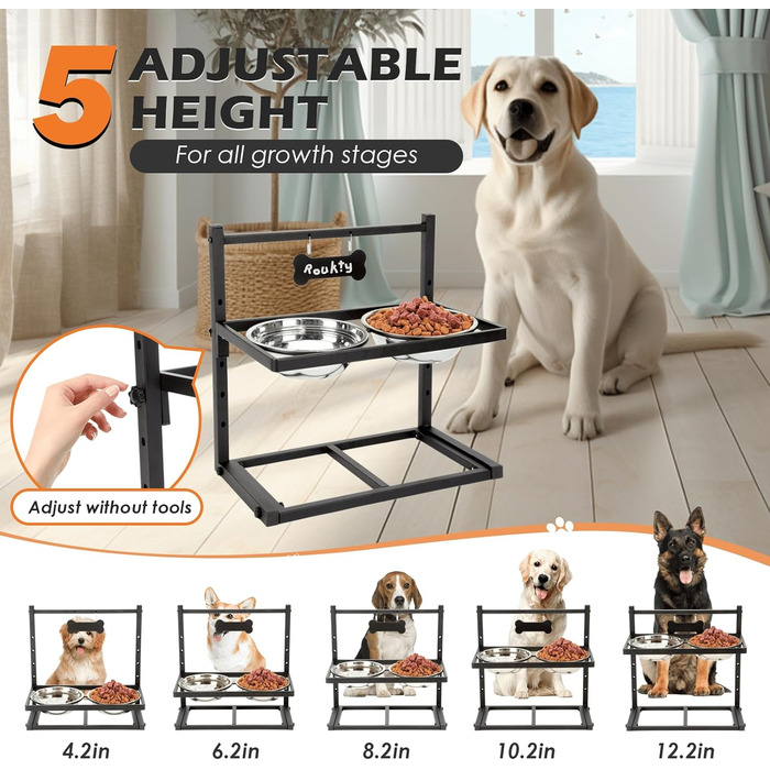 Підвищені годівниці для собак з повільним годуванням, 5 рівнів регулювання, антиковзкий, міцний металевий каркас, непромокальний килимок, стійкі до іржі миски, легко миються, висота: 42 см (для великих собак, сірий)